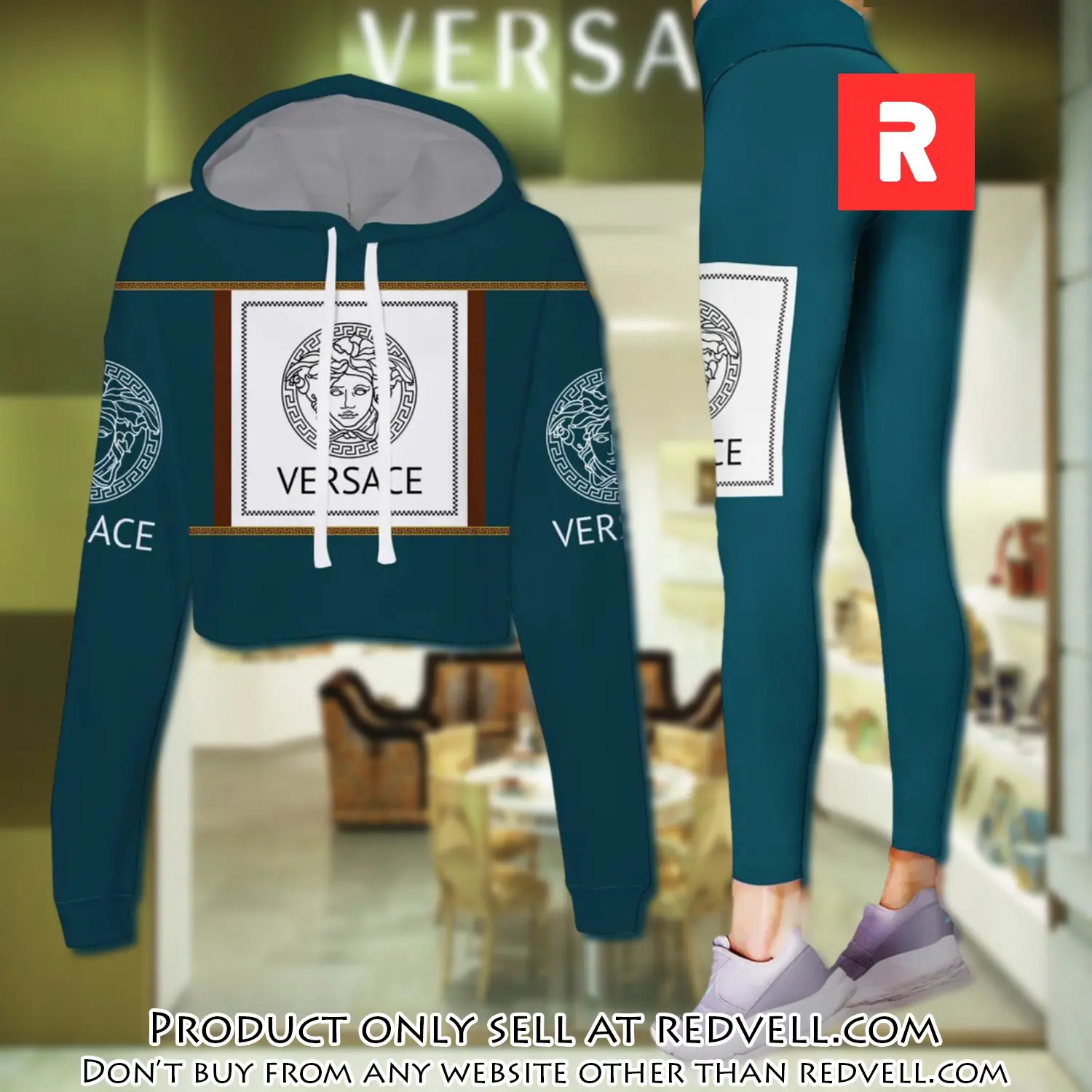 Versace teal color luxury brand clothes leggings and crop top set for women rv4502777